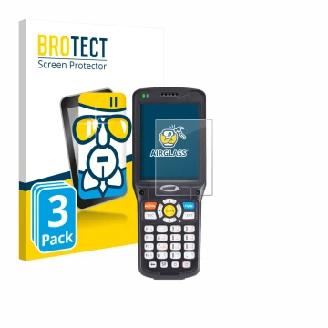 Parte frontal de un envase de producto con el logotipo de la marca BROTECT. Al lado se muestra el dispositivo Unitech HT510 co