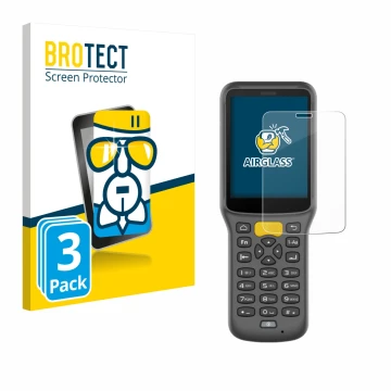 Parte frontal de un envase de producto con el logotipo de la marca BROTECT. Al lado se muestra el dispositivo Newland MT37 Bai
