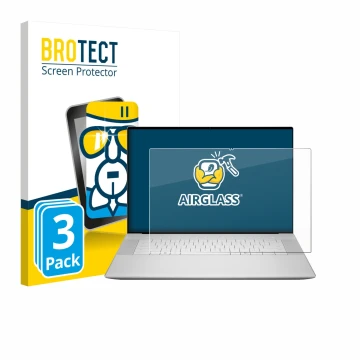 Parte frontal de un envase de producto con el logotipo de la marca BROTECT. Al lado se muestra el dispositivo Dell 16 Premium 