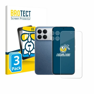 Parte frontal de un envase de producto con el logotipo de la marca BROTECT. Al lado se muestra el dispositivo Xiaomi Poco F8 U