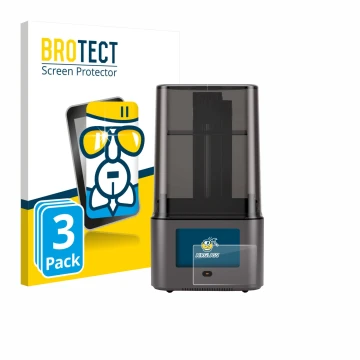 Parte frontal de un envase de producto con el logotipo de la marca BROTECT. Al lado se muestra el dispositivo Anycubic Photon 