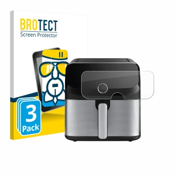Parte frontal de un envase de producto con el logotipo de la marca BROTECT. Al lado se muestra el dispositivo Tefal Easy Fry M
