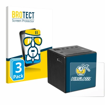 Parte frontal de un envase de producto con el logotipo de la marca BROTECT. Al lado se muestra el dispositivo Sony ICF-C1 con 