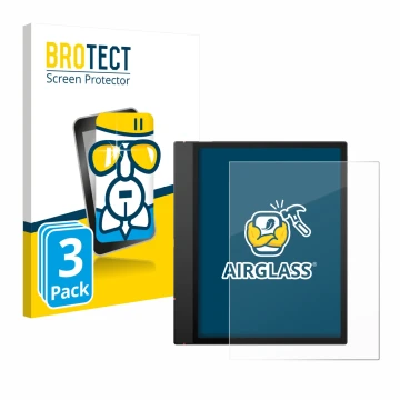 Parte frontal de un envase de producto con el logotipo de la marca BROTECT. Al lado se muestra el dispositivo Boox Note Air 5 