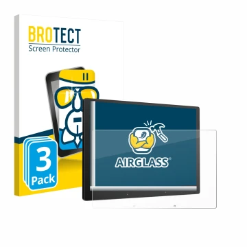 Parte frontal de un envase de producto con el logotipo de la marca BROTECT. Al lado se muestra el dispositivo Atoto X10 10