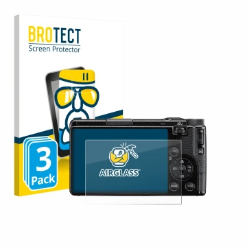 Parte frontal de un envase de producto con el logotipo de la marca BROTECT. Al lado se muestra el dispositivo Ricoh GR IV HDF 