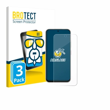 Parte frontal de un envase de producto con el logotipo de la marca BROTECT. Al lado se muestra el dispositivo Nubia V80 Pro co