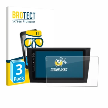 Parte frontal de un envase de producto con el logotipo de la marca BROTECT. Al lado se muestra el dispositivo Dynavin D8-DF31 