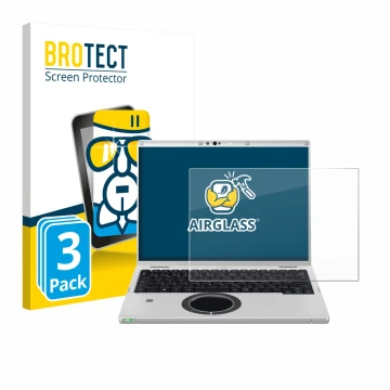 Parte frontal de un envase de producto con el logotipo de la marca BROTECT. Al lado se muestra el dispositivo Panasonic CF-FV3