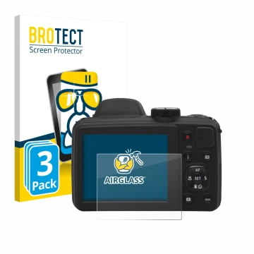 Parte frontal de un envase de producto con el logotipo de la marca BROTECT. Al lado se muestra el dispositivo Kodak Pixpro AZ4