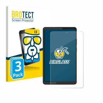 Parte frontal de un envase de producto con el logotipo de la marca BROTECT. Al lado se muestra el dispositivo Lenovo Tab K9 co