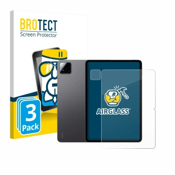 Parte frontal de un envase de producto con el logotipo de la marca BROTECT. Al lado se muestra el dispositivo Xiaomi Pad 7 (Fr