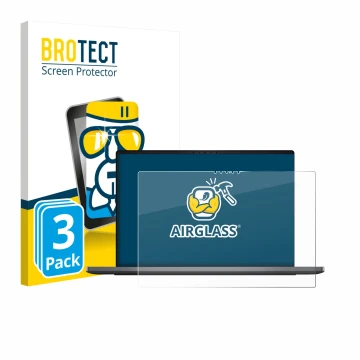 Parte frontal de un envase de producto con el logotipo de la marca BROTECT. Al lado se muestra el dispositivo Dell XPS 14 DA14