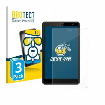 Parte frontal de un envase de producto con el logotipo de la marca BROTECT. Al lado se muestra el dispositivo Logicom Tab 80 8
