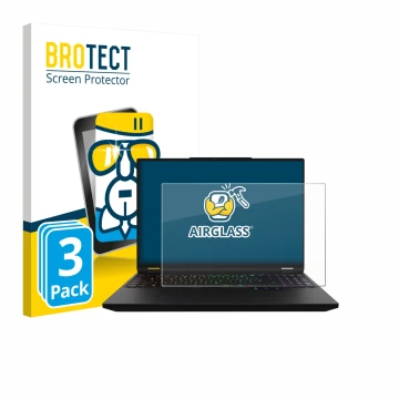 Parte frontal de un envase de producto con el logotipo de la marca BROTECT. Al lado se muestra el dispositivo XMG Apex 16 Max 