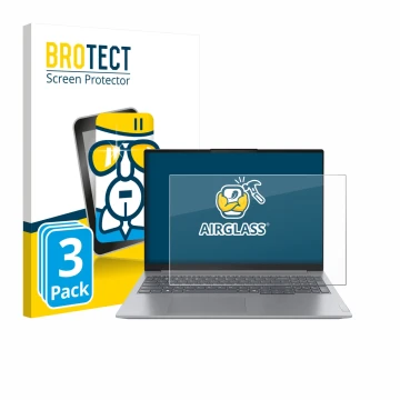 Parte frontal de un envase de producto con el logotipo de la marca BROTECT. Al lado se muestra el dispositivo Lenovo ThinkBook