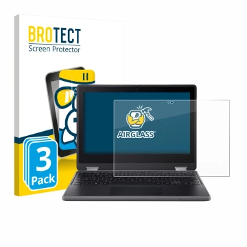 Parte frontal de un envase de producto con el logotipo de la marca BROTECT. Al lado se muestra el dispositivo Acer Chromebook 