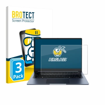 Parte frontal de un envase de producto con el logotipo de la marca BROTECT. Al lado se muestra el dispositivo Chuwi CoreBook A