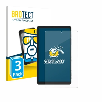 Parte frontal de un envase de producto con el logotipo de la marca BROTECT. Al lado se muestra el dispositivo Chuwi AuPad Mini