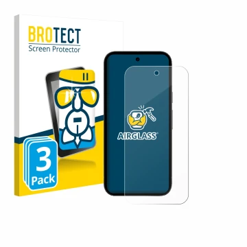 Parte frontal de un envase de producto con el logotipo de la marca BROTECT. Al lado se muestra el dispositivo Google Pixel 10a