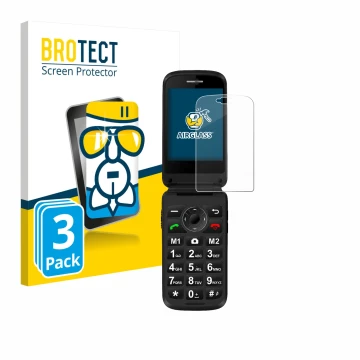 Parte frontal de un envase de producto con el logotipo de la marca BROTECT. Al lado se muestra el dispositivo Simvalley Mobile