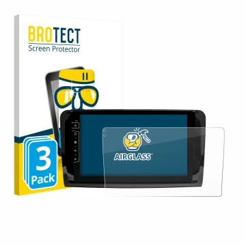 Parte frontal de un envase de producto con el logotipo de la marca BROTECT. Al lado se muestra el dispositivo Dynavin D9-DF432