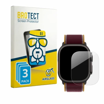 Parte frontal de un envase de producto con el logotipo de la marca BROTECT. Al lado se muestra el dispositivo Apple Watch Ultr
