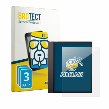 Parte frontal de un envase de producto con el logotipo de la marca BROTECT. Al lado se muestra el dispositivo Boox Note Air 6 