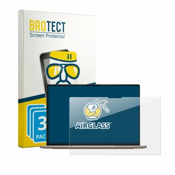 Parte frontal de un envase de producto con el logotipo de la marca BROTECT. Al lado se muestra el dispositivo Dell XPS Googleb