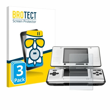 Parte frontal de un envase de producto con el logotipo de la marca BROTECT. Al lado se muestra el dispositivo Nintendo DS con 