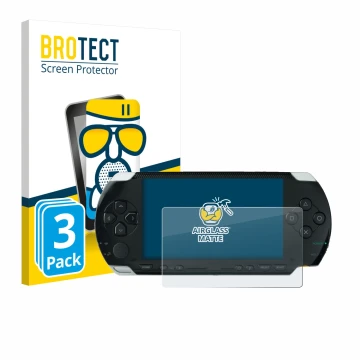 Parte frontal de un envase de producto con el logotipo de la marca BROTECT. Al lado se muestra el dispositivo Sony PSP 1000 co