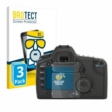 Parte frontal de un envase de producto con el logotipo de la marca BROTECT. Al lado se muestra el dispositivo Canon EOS 5D con