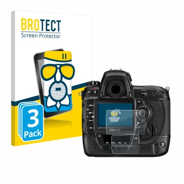 Parte frontal de un envase de producto con el logotipo de la marca BROTECT. Al lado se muestra el dispositivo Nikon D3 con su 
