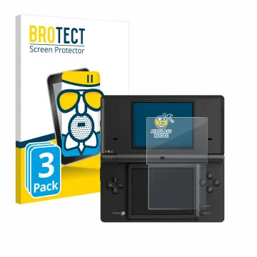 Parte frontal de un envase de producto con el logotipo de la marca BROTECT. Al lado se muestra el dispositivo Nintendo DSi con