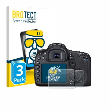 Parte frontal de un envase de producto con el logotipo de la marca BROTECT. Al lado se muestra el dispositivo Canon EOS 7D con