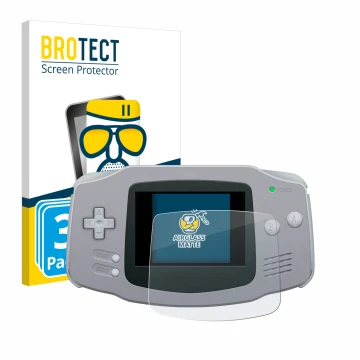 Parte frontal de un envase de producto con el logotipo de la marca BROTECT. Al lado se muestra el dispositivo Nintendo Gameboy