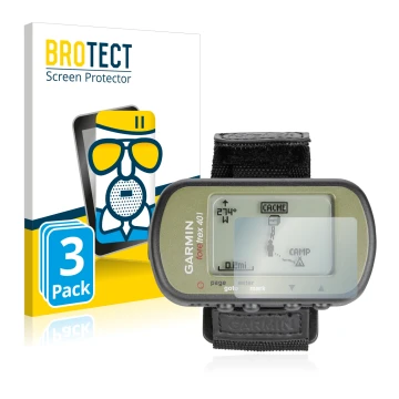 Parte frontal de un envase de producto con el logotipo de la marca BROTECT. Al lado se muestra el dispositivo Garmin Foretrex 