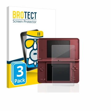 Parte frontal de un envase de producto con el logotipo de la marca BROTECT. Al lado se muestra el dispositivo Nintendo DSi XL 