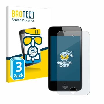 Parte frontal de un envase de producto con el logotipo de la marca BROTECT. Al lado se muestra el dispositivo Apple iPod Touch