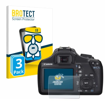 Parte frontal de un envase de producto con el logotipo de la marca BROTECT. Al lado se muestra el dispositivo Canon EOS 1100D 