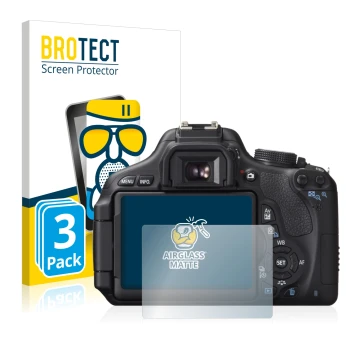 Parte frontal de un envase de producto con el logotipo de la marca BROTECT. Al lado se muestra el dispositivo Canon EOS 600D c