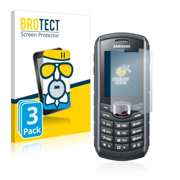 Parte frontal de un envase de producto con el logotipo de la marca BROTECT. Al lado se muestra el dispositivo Samsung GT-B2710
