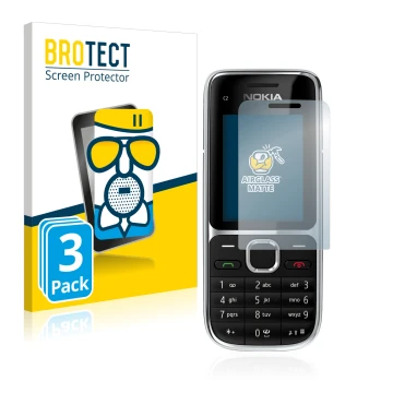 Parte frontal de un envase de producto con el logotipo de la marca BROTECT. Al lado se muestra el dispositivo Nokia C2-01 con 