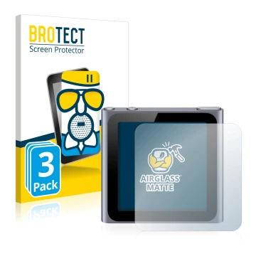 Parte frontal de un envase de producto con el logotipo de la marca BROTECT. Al lado se muestra el dispositivo Apple iPod nano 