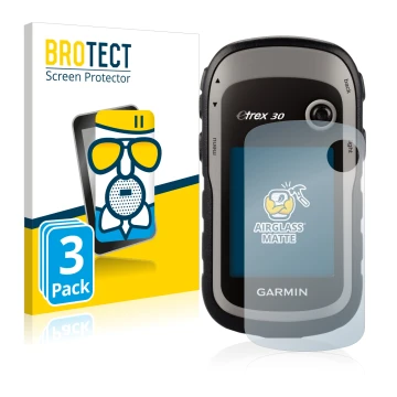 Parte frontal de un envase de producto con el logotipo de la marca BROTECT. Al lado se muestra el dispositivo Garmin eTrex 30 