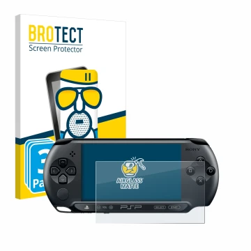 Parte frontal de un envase de producto con el logotipo de la marca BROTECT. Al lado se muestra el dispositivo Sony PSP Street 