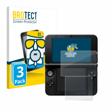 Parte frontal de un envase de producto con el logotipo de la marca BROTECT. Al lado se muestra el dispositivo Nintendo 3DS XL 