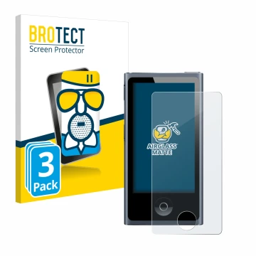 Parte frontal de un envase de producto con el logotipo de la marca BROTECT. Al lado se muestra el dispositivo Apple iPod nano 