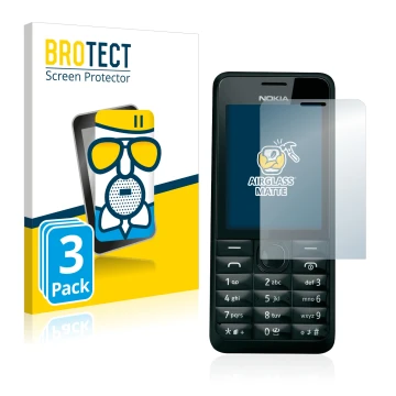 Parte frontal de un envase de producto con el logotipo de la marca BROTECT. Al lado se muestra el dispositivo Nokia 301 con su