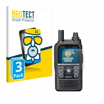 Parte frontal de un envase de producto con el logotipo de la marca BROTECT. Al lado se muestra el dispositivo Icom ID-51 con s